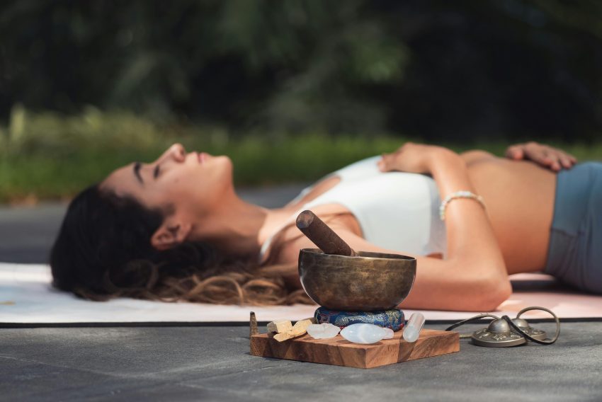 Meditation practice for stress relief and emotional wellness with Tibetan singing bowl.