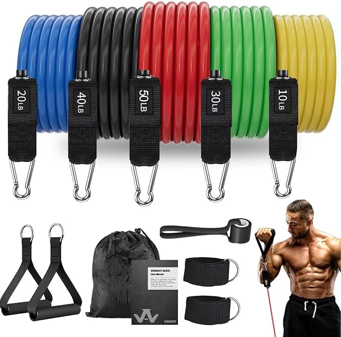 A full set of resistance bands for home workout, including colorful tubes, handles, ankle straps, and a door anchor.
